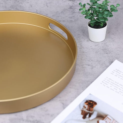 13 Round Gold Decorative Serving Tray with Handles, Versatile Ottoman Tray for Coffee Table, Entertaining, Outdoor