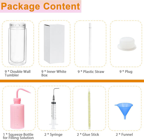 20 Oz 9 Pack Maucircol Acrylic Snowglobe Tumbler Including DIY Kit, Pre-Drilled Double Wall Plastic Snowglobe Cup