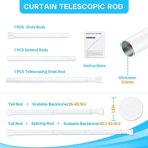 White Tension Curtain Rod for Windows 28 to 48 inch, Adjustable Expandable Pressure Spring Curtain Rod No Drilling, 7/8" Curtain Rod for Bedroom Doorway Closet Door