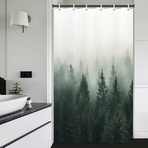 Green Misty Forest Shower Curtain, Nature Shower Curtain Set with Pine Tree Jungle Mountain Rustic Scenery for Bathroom