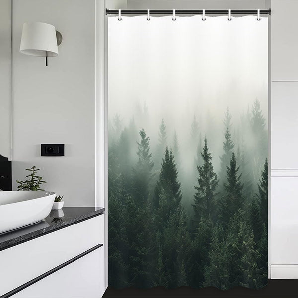 Green Misty Forest Shower Curtain, Nature Shower Curtain Set with Pine Tree Jungle Mountain Rustic Scenery for Bathroom