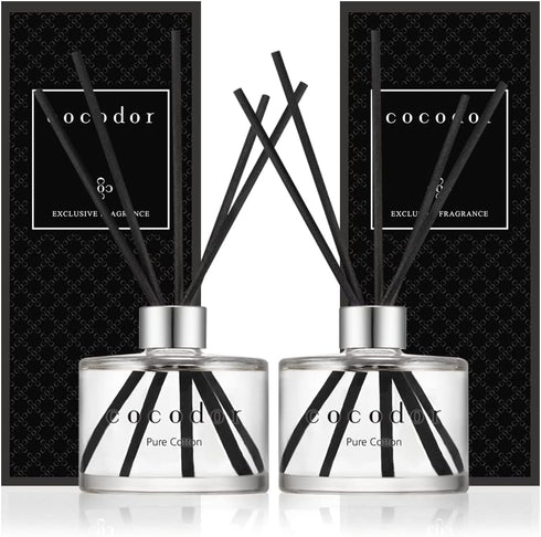 Cocod'or Reed Diffuser, Pure Cotton, 6.7oz(200ml), 2 Pack, Black Glass, Cotton Core for Home & Office