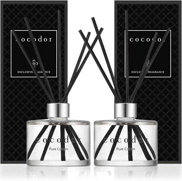 Cocod'or Reed Diffuser, Pure Cotton, 6.7oz(200ml), 2 Pack, Black Glass, Cotton Core for Home & Office