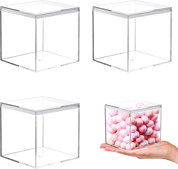 Kamehame Acrylic Boxes for Display, 3 Pack Clear Plastic Square Cube, 3.3x3.3x3.3Inch Small Storage Boxes with Lid
