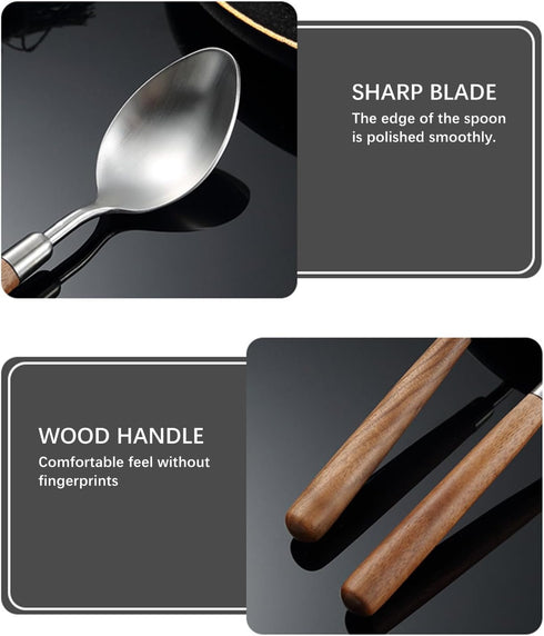 Retro Wooden Handle Spoon Set, Stainless Steel Serving Tablespoons, 4 Pcs with Brown Handle