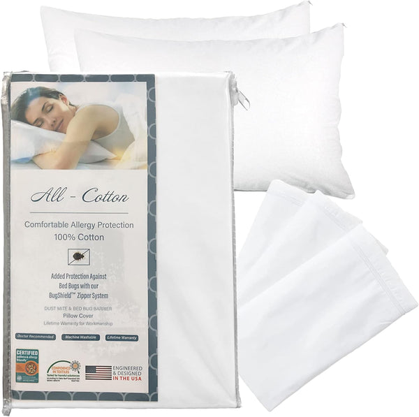 National Allergy Premium 100% Cotton Zippered Pillow Protector - Standard Size, 3 Pack, White