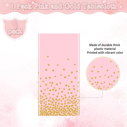1 Pack 54x108" Pink and Gold Plastic Tablecloth for Parties, Pink Disposable Table Cloth for Rectangle Tables, Gold