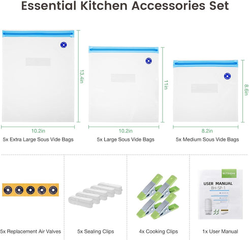 BLITZHOME Vacuum Sealer Bags Kit 29 Pack, 3 Sizes with 15Pcs Reusable Sous Vide Bags, 5 Air Valves, BPA Free