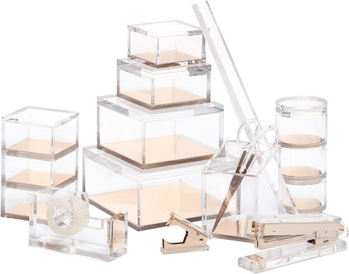 OfficeGoods Acrylic Desk Organizer w/Gold Base – Elegant Odds & Ends Box for Home or Office, Large