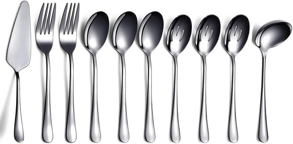 HOMQUEN Black 10-Piece Serving Flatware Set - Stainless Steel Utensils Include Slotted Spoon, Serving Fork & Ladle
