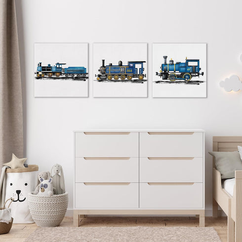 brayqu Set 3 12x12 Inch of Blue Steam Train Nursery Vehicle Art Canvas Wall Art Framed Paintings Prints Watercolor