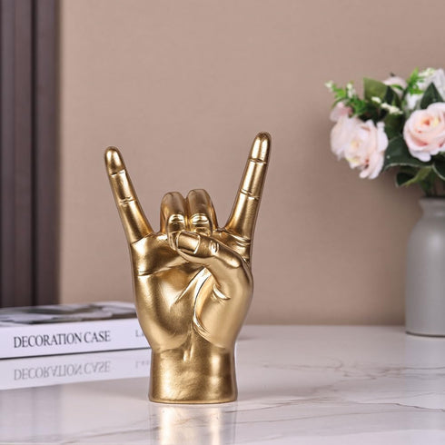 7.7" QIANLING Gold Resin Rock On Hand Gesture Statue - Rock Culture Music Lovers' Decorative Tabletop Sculpture