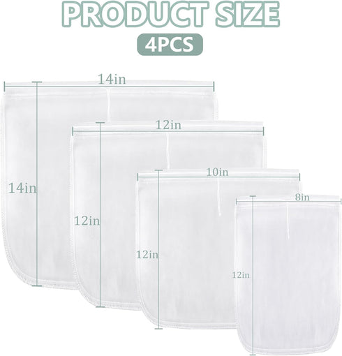 Ninsula 4PCS (8"x12"/14"x14"/10"x12"/12"x12") Nut Milk Bag, Food Grade Nylon Cheese Cloth Bag, Straining Reusable Fine