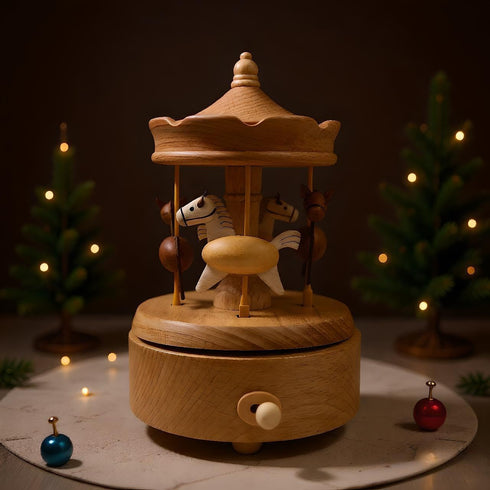 Briskfeel Wooden Carousel Music Box with Moving & Elevating Horses, Rotating Wind-Up Decor, Collectible Mechanical