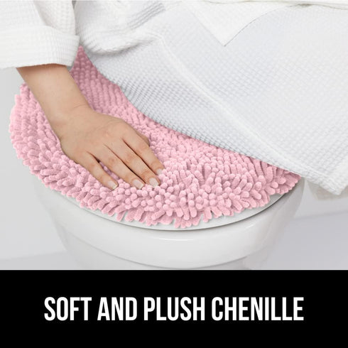 GORILLA GRIP Soft Chenille Bathroom Toilet Lid Cover - Machine Washable, Light Pink, Fits Most Lids, 19.5x18.5