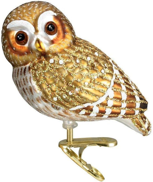 Old World Christmas Clip-on Pygmy Owl Bird Blown Glass Ornament 18067, Free Box Included