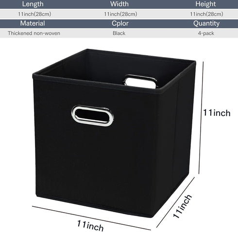 Black Fabric Storage Bins Cube, 11x11x11 Fabric Cubby Organizer Baskets with Handle, Foldable Basket for Closet, Set of