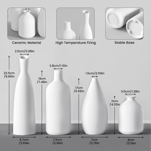 Set 4,Modern White Ceramic Vase of Farmhouse Decorative Vases for Entryway Mantel Centerpiece Bookshelf Console Table