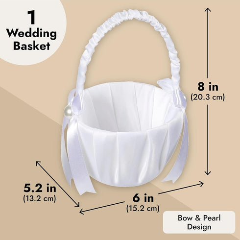 White Flower Girl Basket with Satin Bowknot & Pearl Design - 8 x 5.2 x 6 Inch, Ideal for Wedding Party Accessories