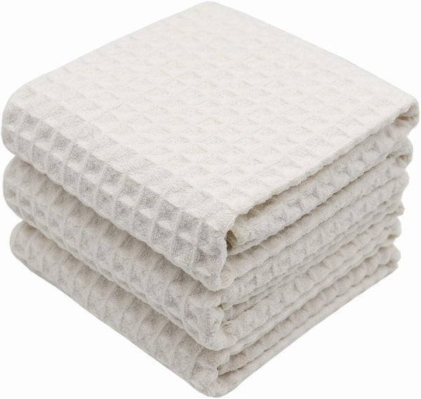 Waffle Weave Kitchen Drying Towels 3 Pack, Thick Microfiber, Absorbent, Lint Free, 16Inch x 24Inch, Beige