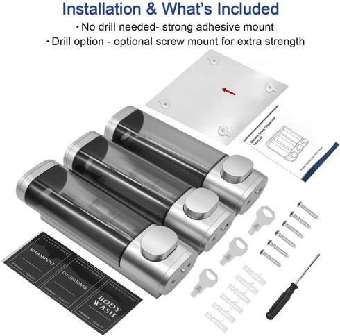 Emelunox 3-Chamber Wall Mount Shower Dispenser - No-Drill Adhesive or Drill Mount - Refillable Shampoo, Conditioner