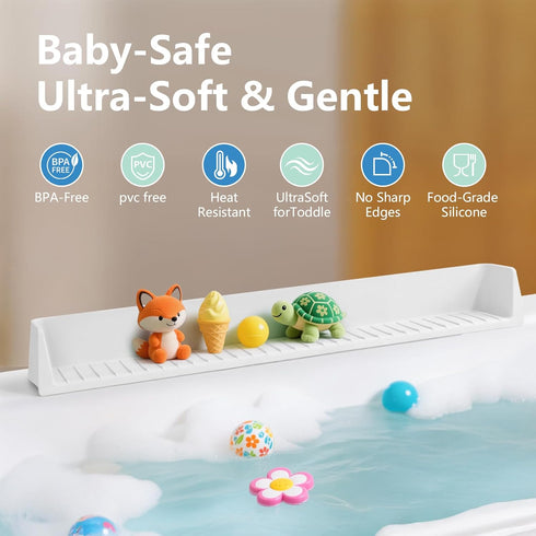 31.5" 11 Bathtub Splash Guard for Tub Kids, Silicone Splash Shield with Suction Cups, Toy Tray Shelf, No Spill Water