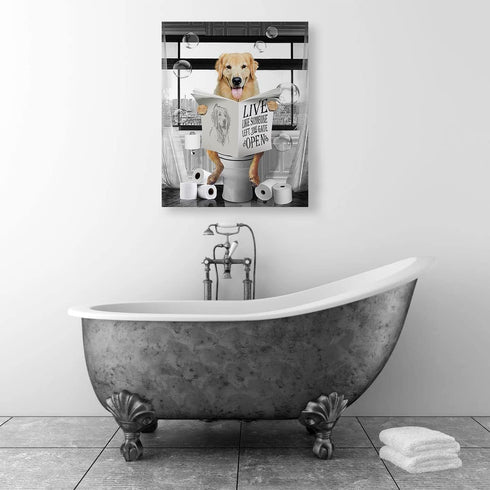 Golden Retriever Canvas Wall Art, Black and White Funny Dog Sitting in Toilet Painting for Bathroom