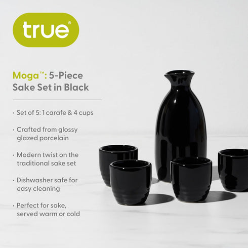 True Moga Sake Set, Japanese Style Pitcher and Tumbler Set for Sake, Four 3.5 oz Cups and One 8 oz Carafe, Fire Glazed