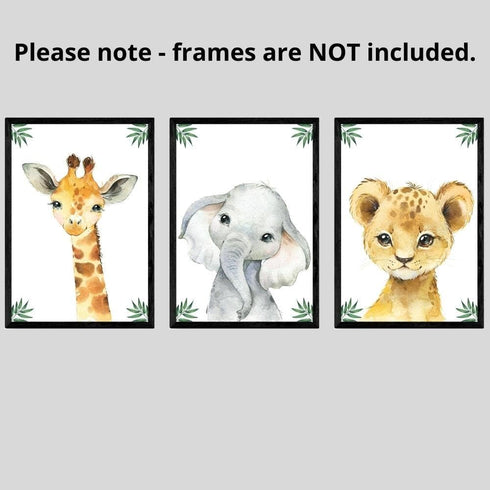Set 3 (8x10) Baby Safari Animals for Girl or Boy Nursery Bedroom, of Unframed Wall Art Prints, Jungle Leaves Posters
