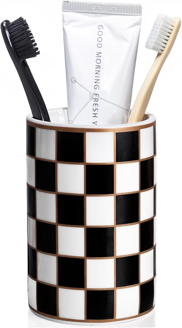 Checkered Bathroom Toothbrush Holder, Bathroom Black and White Ceramic Toothbrush Holder, Modern
