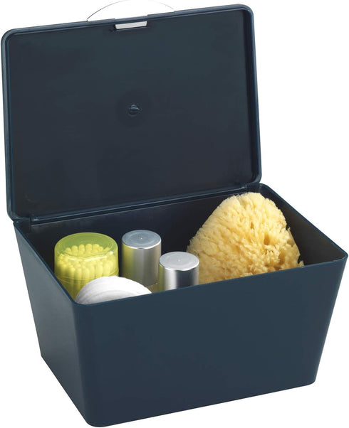 WENKO Decorative Storage Box With Lid for Bathroom Organization, Small Container For Bathroom Storage, Small Basket With Lid, Dark Blue, 7.48 x 3.94 x 6.10 in by WENKO