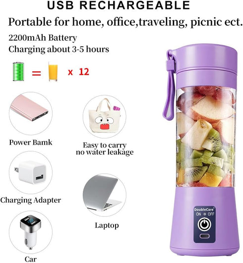 Portable Blender Cup, Electric USB Juicer Blender, Mini Blender for Shakes and Smoothies, 380ml, Light Purple