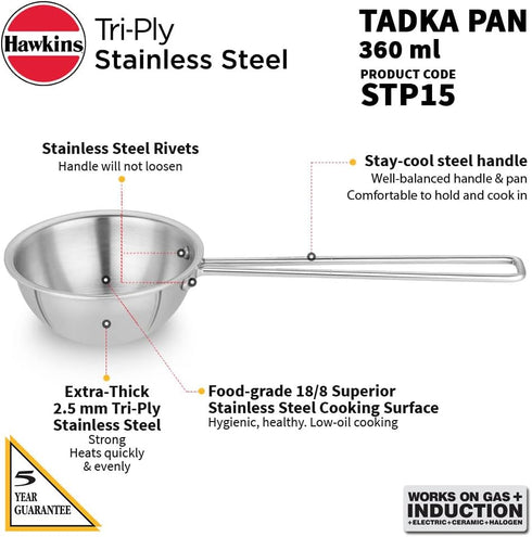 HAWKINS 1.5 Cup Tadka Pan, 360 ml Triply Stainless Steel Induction Pan, Silver (STP15)
