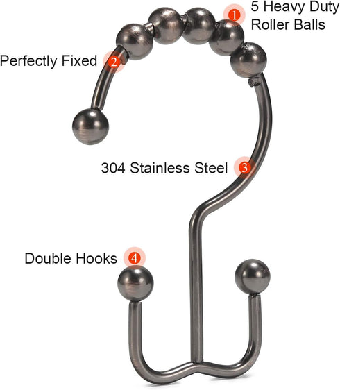 Goowin Shower Curtain Hooks, Rust Proof Stainless Steel Double Shower Curtain Rings for Curtains & Liners (Bronze)