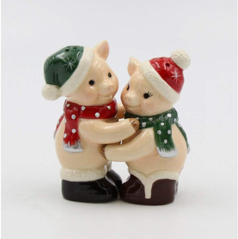 Fine Ceramic Christmas Hugging Pigs Piglets Salt and Pepper Shakers Set, 3-3/4" H