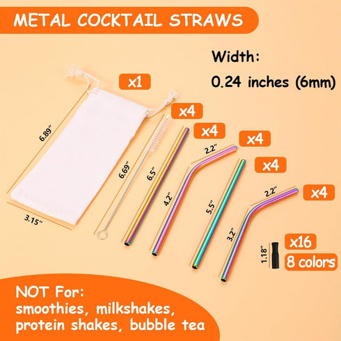 Lazycorner 16 Pcs Short Metal Straw - 6mm 5.5" 6.5" Kids Reusable Straws with Silicone Tips and Cleaner, Rainbow