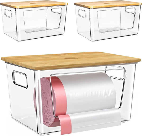 iEGrow 3 Packs Trash Bag Holder,Stackable Trash Bags Dispenser with Bamboo Lid,Extra