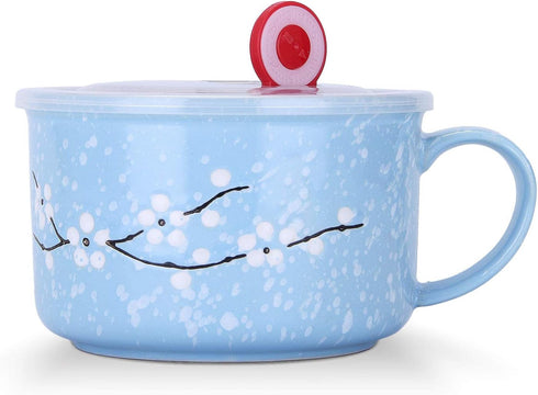 VanEnjoy 30oz Ceramic Bowl Set with Lid & Handle, Cherry Blossoms Among Snow Flake Pattern, Microwave Safe