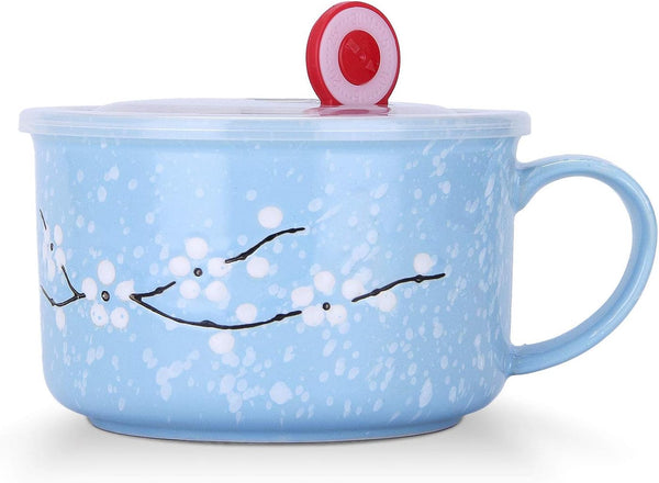 VanEnjoy 30oz Ceramic Bowl Set with Lid & Handle, Cherry Blossoms Among Snow Flake Pattern, Microwave Safe