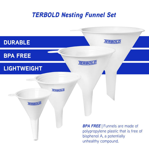4pc Funnel Nesting Set in BPA Free Plastic for Kitchen Cooking, Home, Car Oil Use (White)