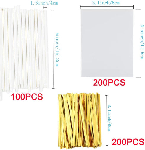 Lollipop Stick (6 inch), Candy Wrappers and Twist Ties Set, 100 Papery Lollipop Sticks, 200 Bags & 200 Twist Ties