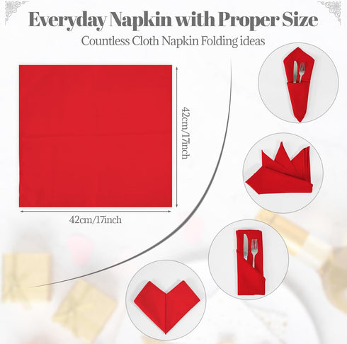 PLOYMONO Red Heavy Duty Cloth Napkins, 17 x 17 Inch Solid Washable Polyester Dinner Napkins, Set of 8 for Weddings
