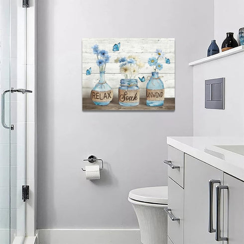 Farmhouse Bathroom Decor - Rustic Daisy Canvas Print, 12"x16" Framed Modern Bathroom Artwork