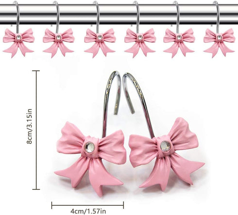12PCS Decorative Shower Curtain Hooks, Pink Bow Knot Resin Shower Rings for Bathroom Nursery Art