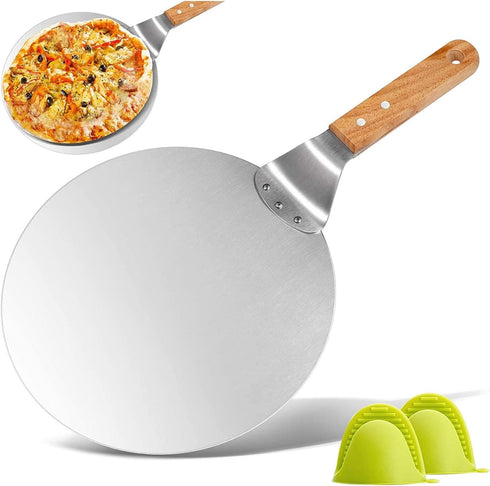 KSENDALO 10" Pizza Peel with Wooden Handle - Stainless Steel Spatula & Non-Slip Pizza Server Tray for Baking