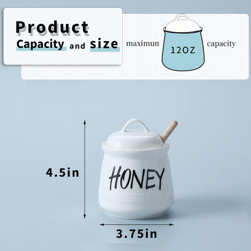 HAOTOP Porcelain Small Honey Jar with Lid and Honey Dipper, 12oz (White)