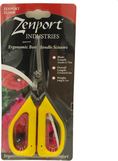 Zenport ZS109B Ergonomic Bent Handle Deluxe Bud Trimming Scissors, 6.5-Inch, Yellow