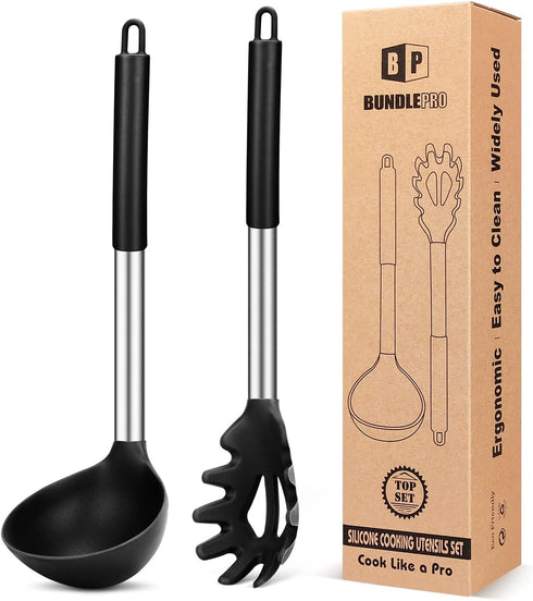 Silicone Pasta Fork and Ladle Spoon Set - Large Non Stick Kitchen Utensils for Cooking, Stirring & Serving