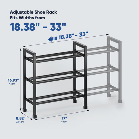 3-Tier Rack,17"-33" Closet,Metal Abiglifty Expandable Shoe Adjustable Shoe Rack for Shoes Shelves for Front Door
