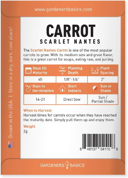 2 Gardeners Basics Carrot Seeds for Planting - Scarlet Nantes - is A Great Heirloom, Non-GMO Vegetable Variety, Grams